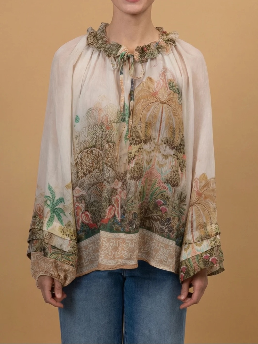 Made in Italy- Boho Floral Ruffle-Neck Blouse - Cream